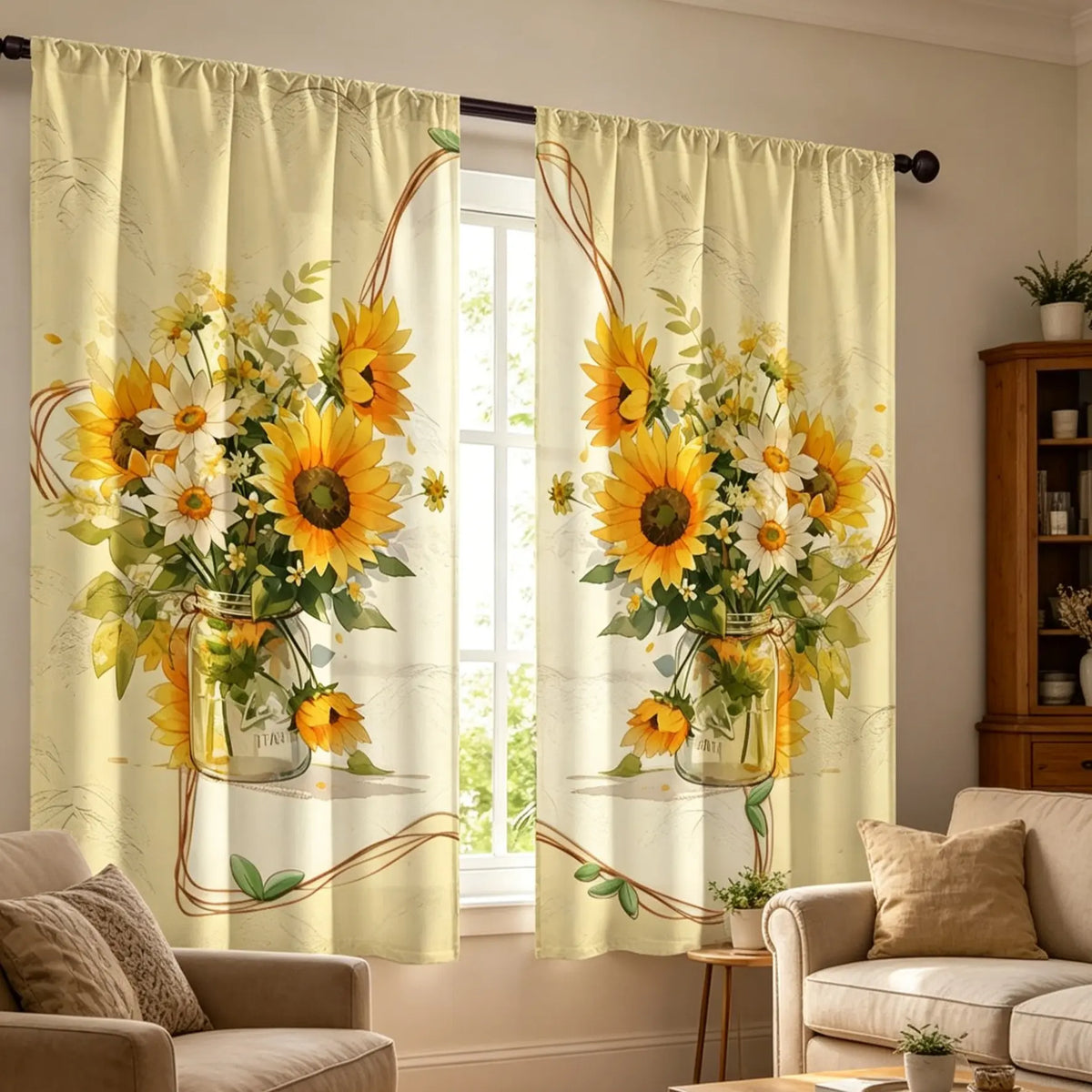 2 pieces, installed by pocket rod method, digital sunflower flower-printed window drapes, Home Decorative Curtain, suitable for living room, closet, bedroom, study, dining room, and home decoration.