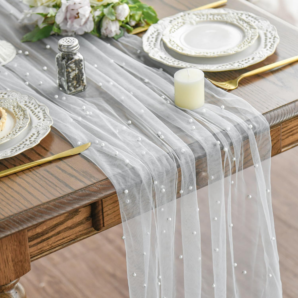 Artoid Mode Pearl Black Gauze Table Runner 10FT Home Decor