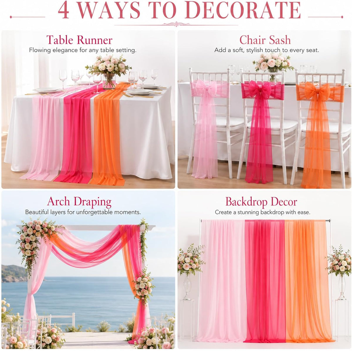 6Pcs Pink Red Orange Party Decor Table Runner Set 12 X 118in Boho Hot Pink Red Orange Fabric Tablecloth Sunset Party Table Covers for Wedding Bridal Shower Birthday Dawn Sunset Grad Parties Supplies