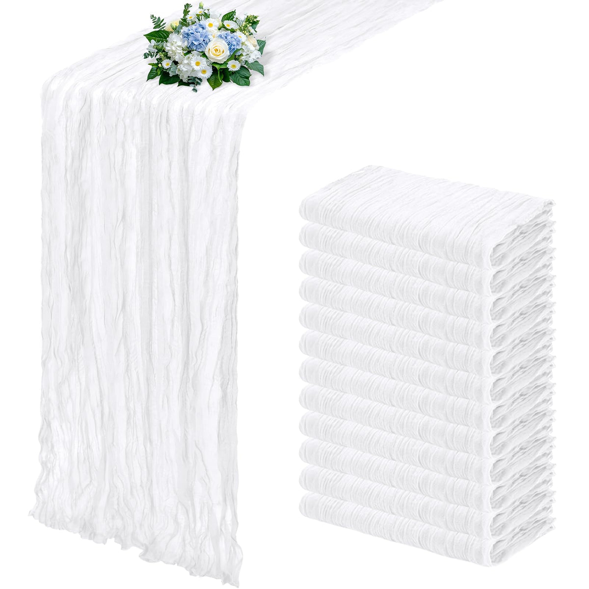 12 Pack Dusty Blue Cheesecloth Table Runner 17x108 Inch Semi Sheer Boho Gauze Cheese Cloth Fabric Table Runners, for Wedding Party Baby Shower Birthday Home Decor Garden Farmhouse