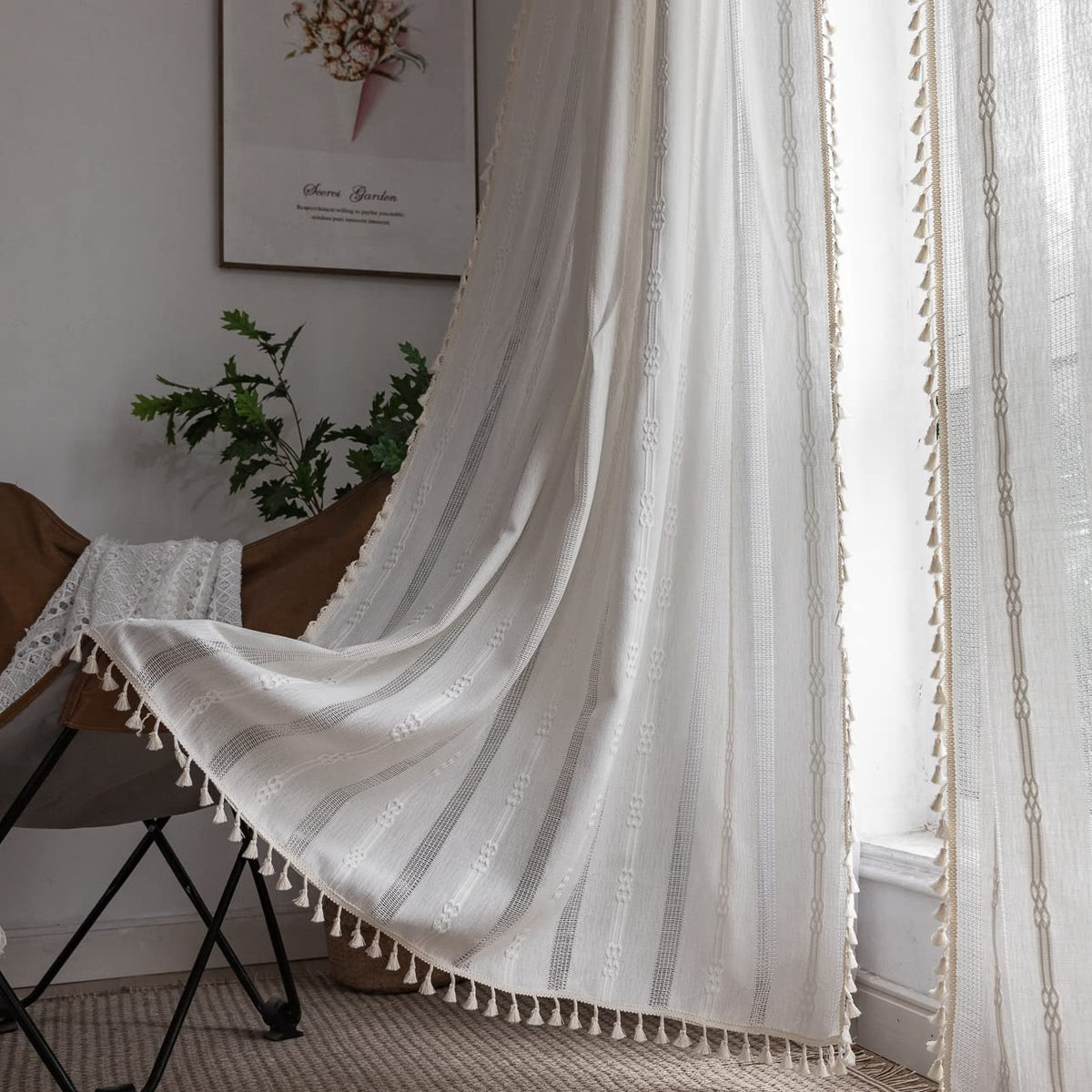 Linen Curtains 63 Inch Length 2 Panels for Living Room Embroidery Khaki Boho Curtains for Bedroom Rustic Farmhouse Tassel Light Filtering Window Curtains Rod Pocket Drapes (52" W x 63" L,Khaki)