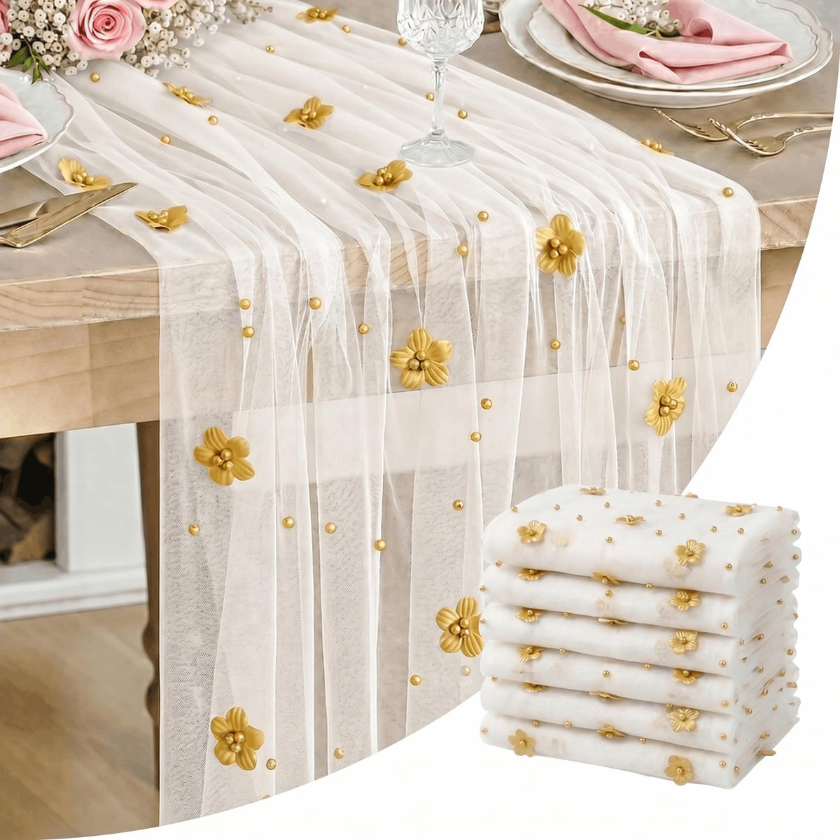 Artoid Mode Pink Flower Pearl Pink Gauze Table Runner 10FT, Seasonal Sheer Dining Holiday Wedding Birthday Baby Shower Table Decor for Home Party