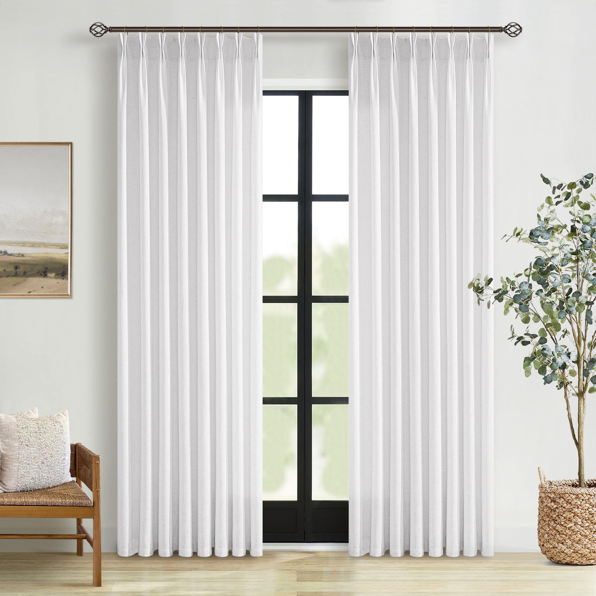 Natural Pinch Pleated Linen Blend Semi Sheer Window Curtains 90 Inches Long