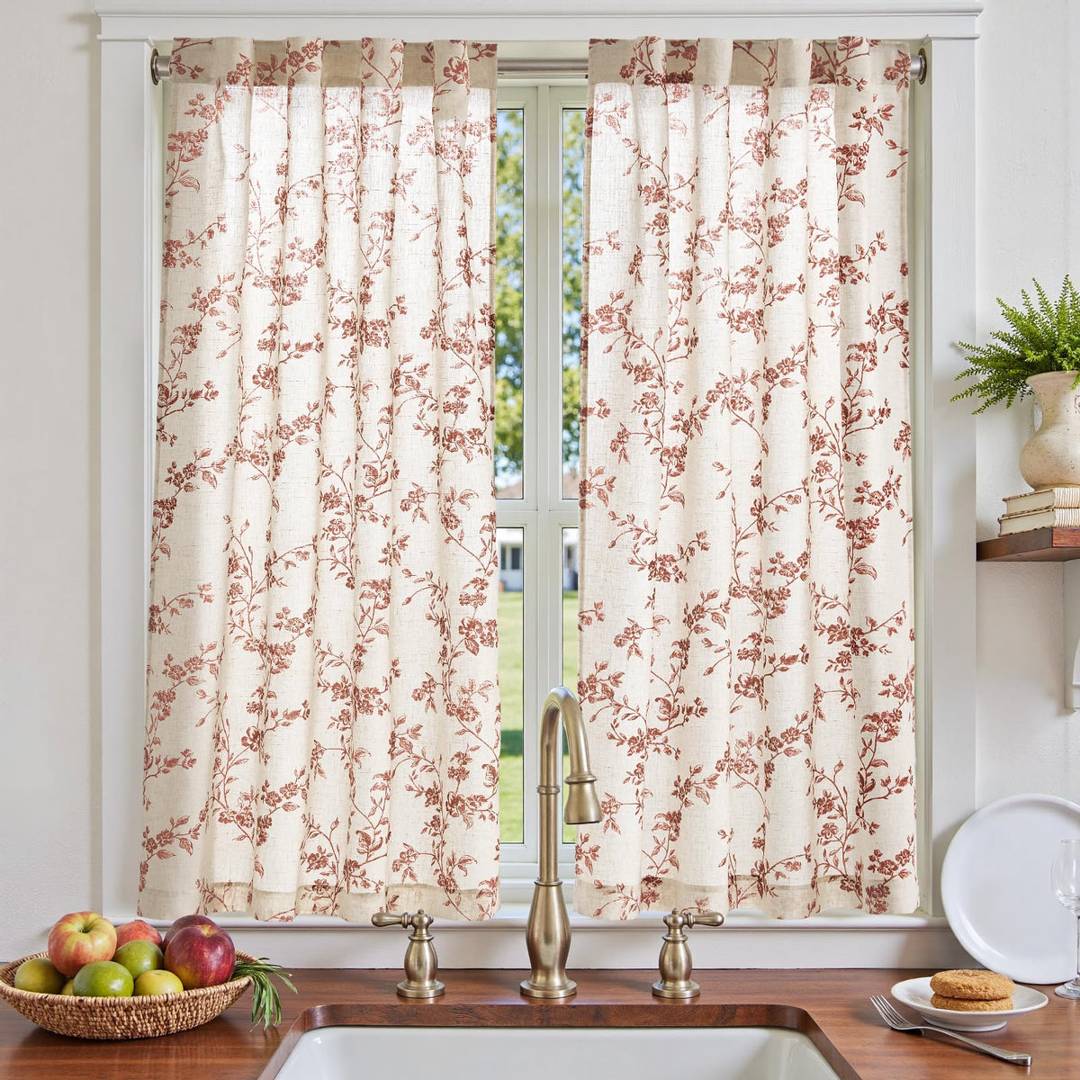 jinchan Floral Linen Kitchen Tier Curtains, 36 Inch, 2 Panels, Green