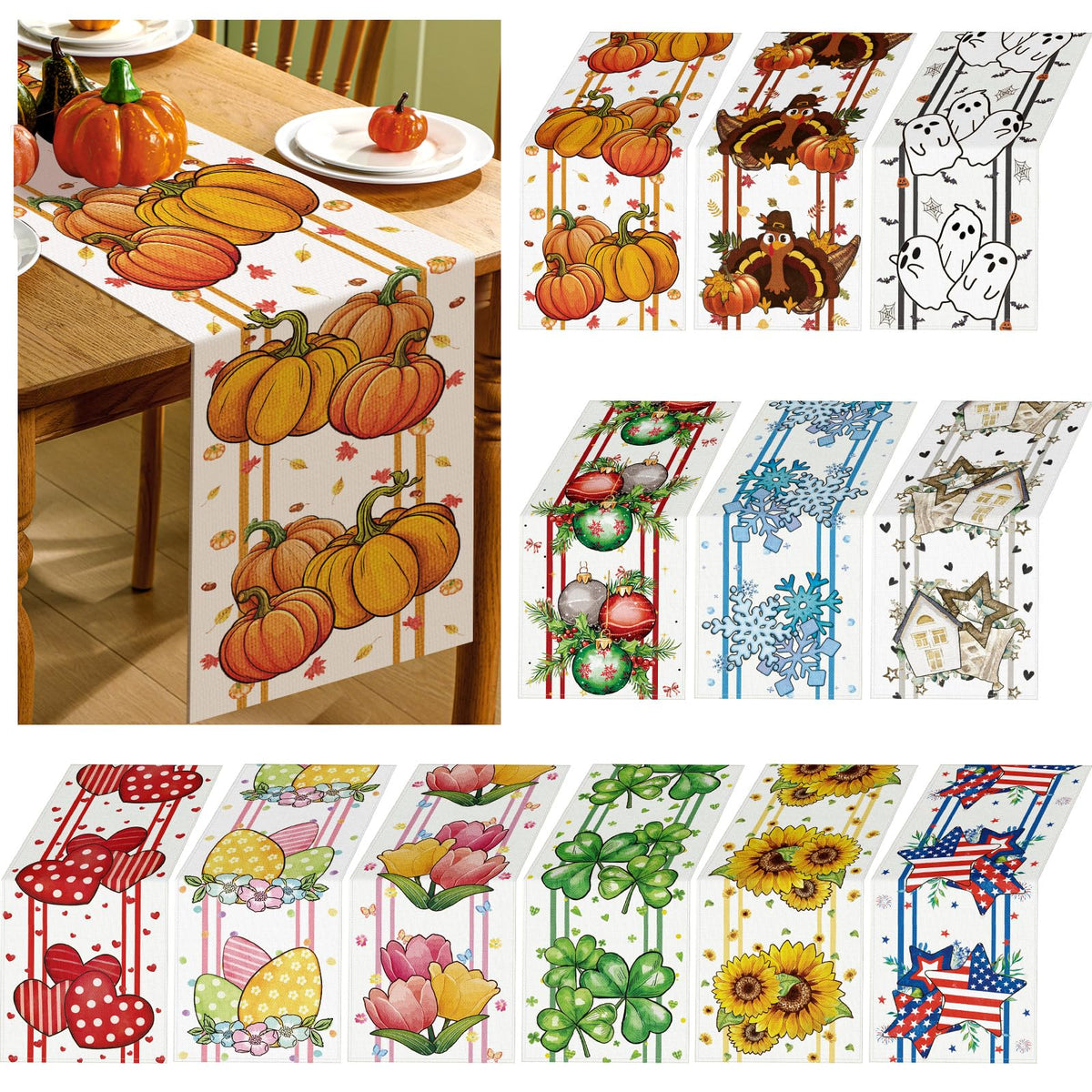 Honeydak 12 Pcs Holiday Table Runner Seasonal Farmhouse Table Decor 13 x 72 Inch Thanksgiving Christmas Decorations Fall Halloween for Home Party Dining Room Kitchen