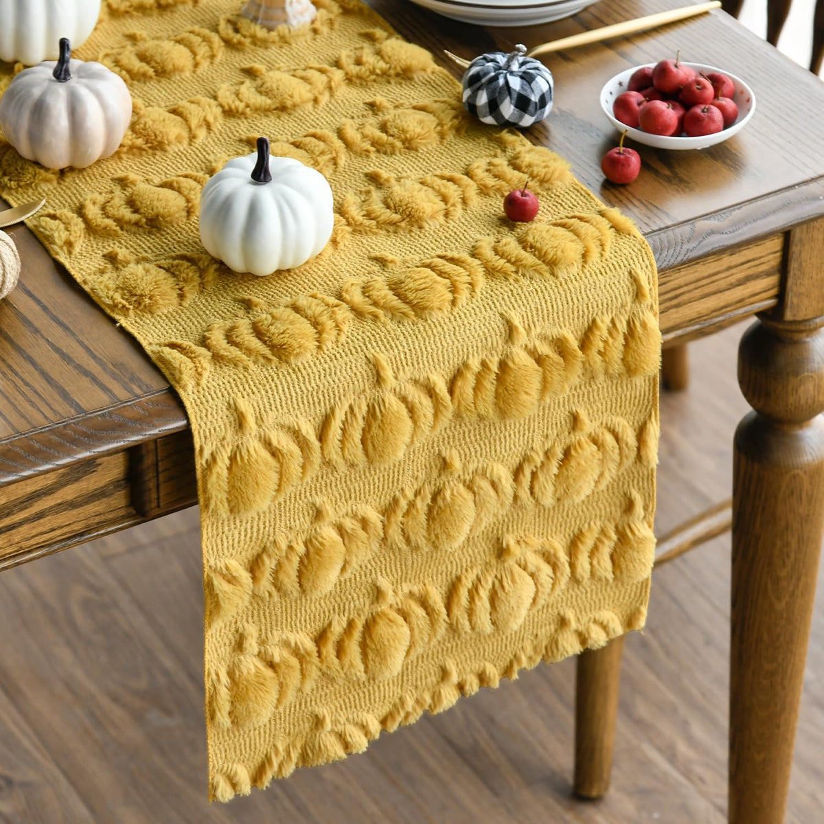 Artoid Mode Caramel Soft Faux Fur Pumpkins Fall Table Runner 13x72 Inch