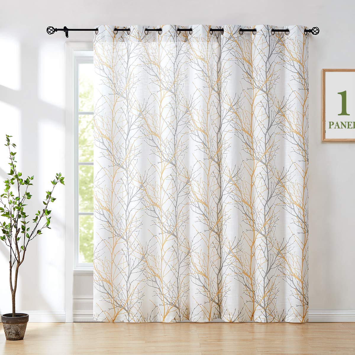 FMFUNCTEX Linen Blue White Semi Sheer Print Curtains 84 Inch Long 2 Panels