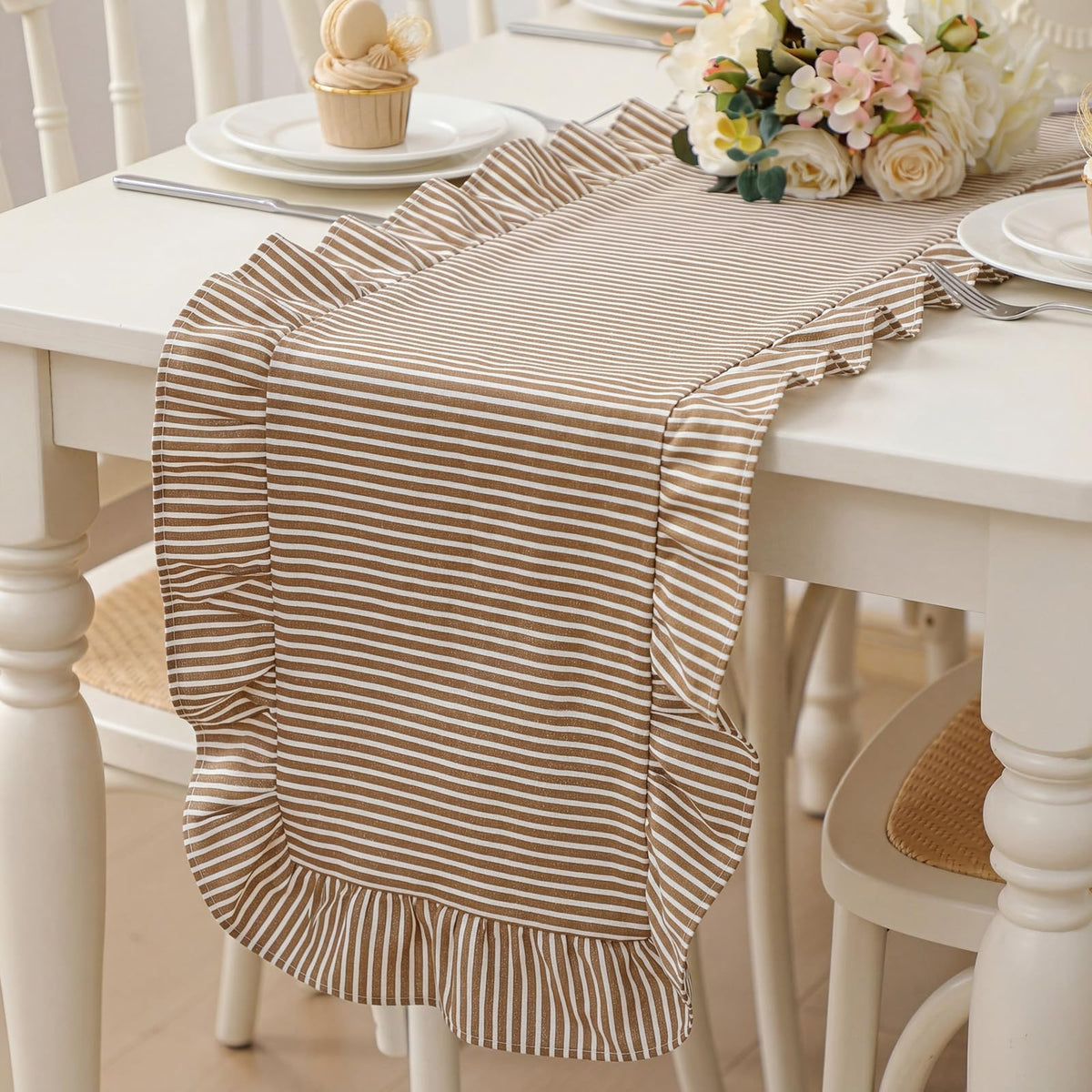 Ruffled Table Runner, Vertical Stripe Yellow, Natural Cotton