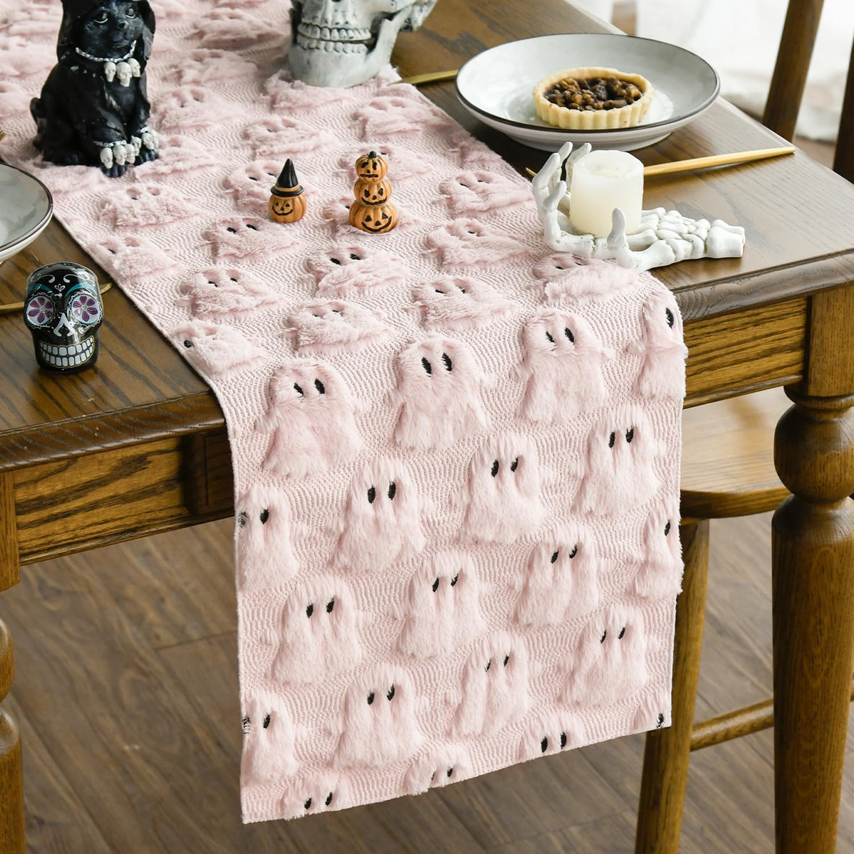 Artoid Mode Black Soft Faux Fur Ghost Halloween Table Runner 13x90 Inch