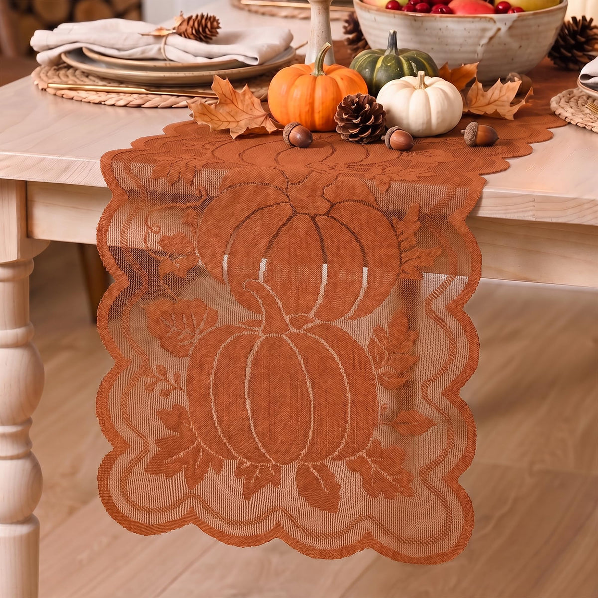 Artoid Mode Beige Lace Jacquard Maple Leaf Fall Table Runner 13x72 Inch