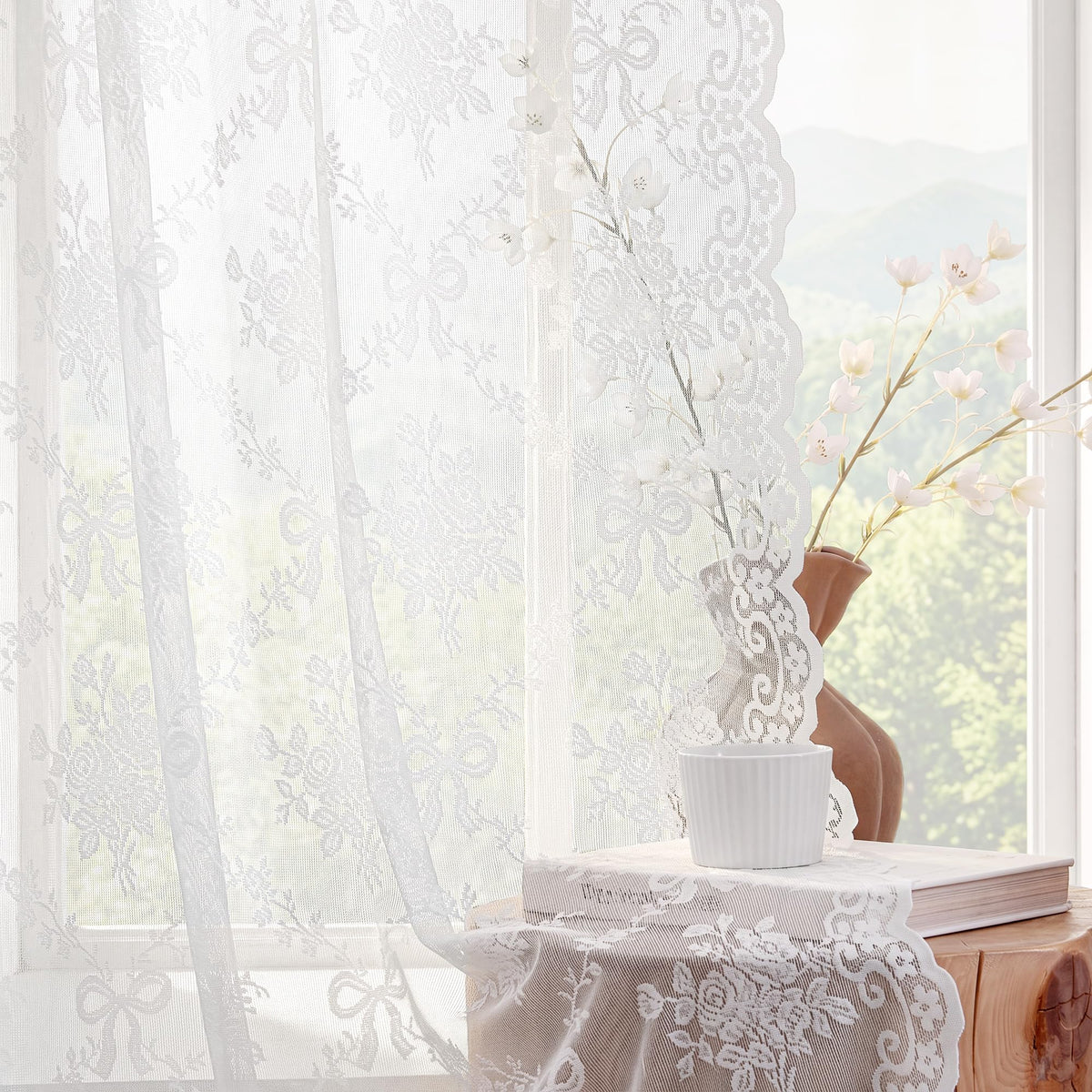 PONY DANCE Black Sheer Lace Curtains 63 Inches Long, 2 Panels, 52W x 63L