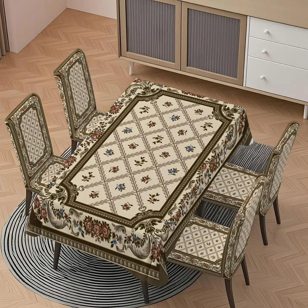 5/7-piece 2D Flat Printing Brown and White Diamond Flower Carpet Printing Pattern Tablecloth and Chair Cover Set, for dining table and chair decoration, perfect for home, holiday gatherings, restaurants, and parties, Chair Covers Set