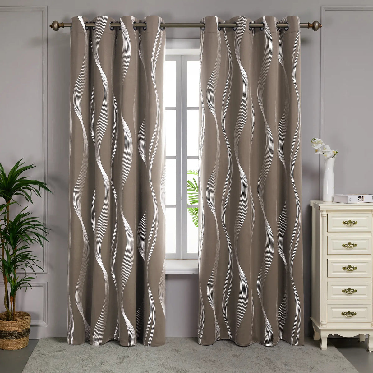 Deconovo 3m Blackout Double Curtains - 2 Panels High-Quality Poly Golden Wave Stripe Print Modern Drapes, Thermal Insulated, Soundproof Grommet Drapery, UV Glare Shield, Hand-Wash Only Privacy Blackout Shade for Living Room Decor,sohochic