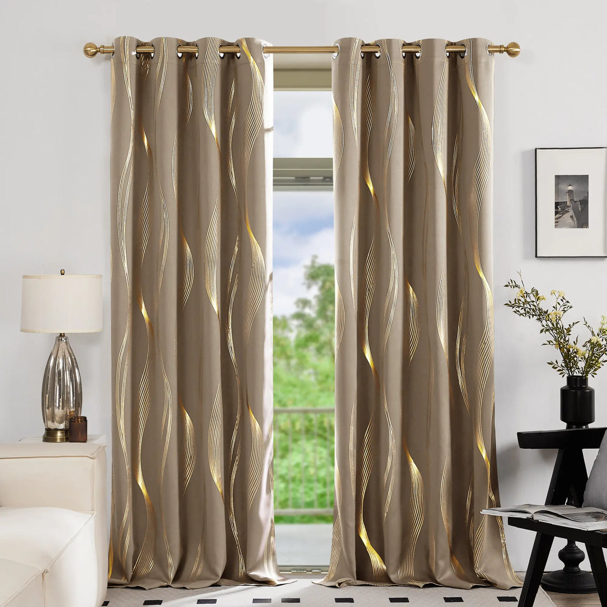 Deconovo 3m Blackout Double Curtains - 2 Panels High-Quality Poly Golden Wave Stripe Print Modern Drapes, Thermal Insulated, Soundproof Grommet Drapery, UV Glare Shield, Hand-Wash Only Privacy Blackout Shade for Living Room Decor,sohochic