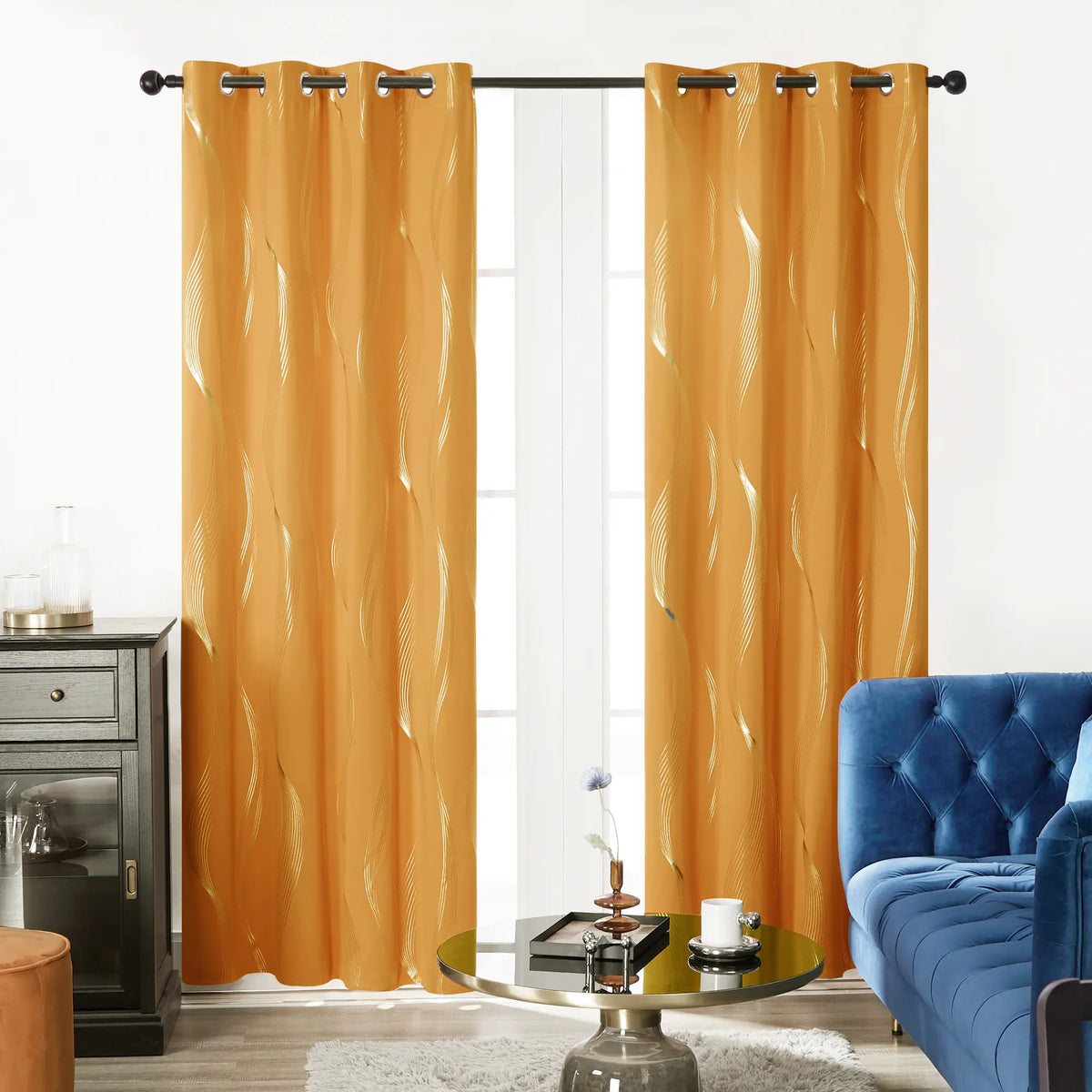 Deconovo 3m Blackout Double Curtains - 2 Panels High-Quality Poly Golden Wave Stripe Print Modern Drapes, Thermal Insulated, Soundproof Grommet Drapery, UV Glare Shield, Hand-Wash Only Privacy Blackout Shade for Living Room Decor,sohochic