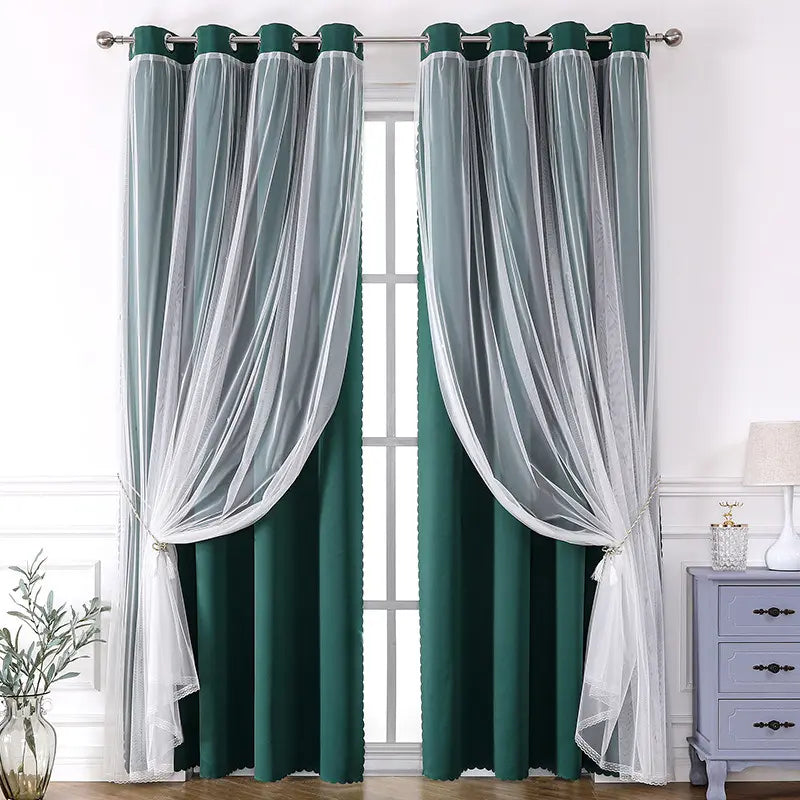 French Romantic Two-Layer Cloth Light-Blocking Finished Curtain, Fashionable Grommet Drapery for Living Room, Stylish and Trendy Window Covering, Window Drapes, Interior Decoration Accessories, Home Decorative Curtain
