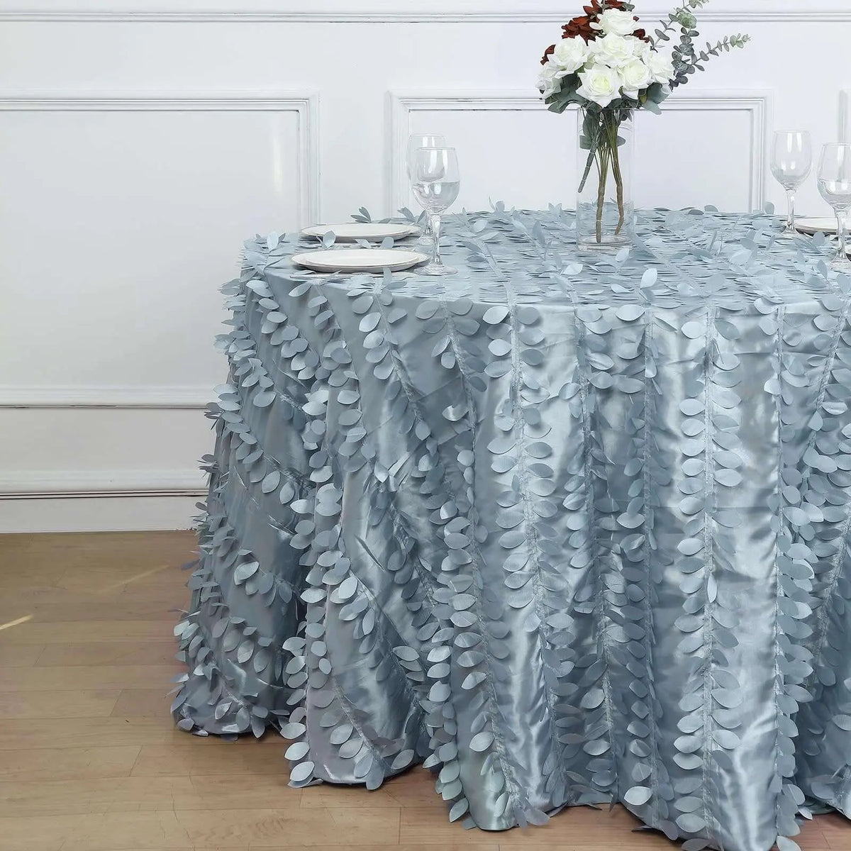 120" Round Dusty Blue Taffeta Tablecloth - 3D Leaf Petal Seamless Design, Non-Customized Machine Washable Table Cover for Event, Celebration Decorations, Art Deco All Seasons Use