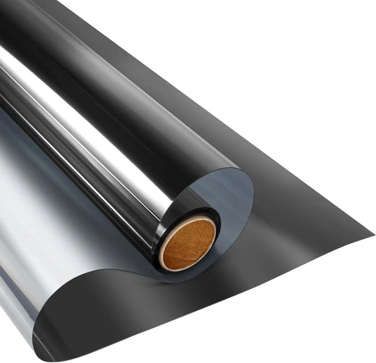 Window Privacy Film One Way Daytime Privacy Static Cling Sun Blocking Anti UV Reflective Window Tint for Home and Office, Black-Silver, 17.5 Inch X 6.5 Feet