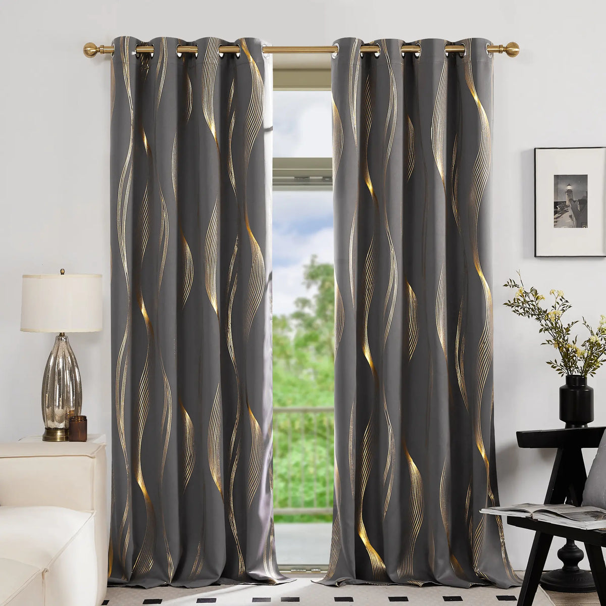 Deconovo 3m Blackout Double Curtains - 2 Panels High-Quality Poly Golden Wave Stripe Print Modern Drapes, Thermal Insulated, Soundproof Grommet Drapery, UV Glare Shield, Hand-Wash Only Privacy Blackout Shade for Living Room Decor,sohochic
