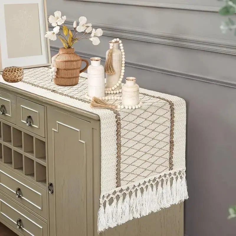 Boho Style Tassel Table Runner, 1 Count Rectangular Tablecloth, Decorative Tablecloth for Home Kitchen Dining Room Wedding Party