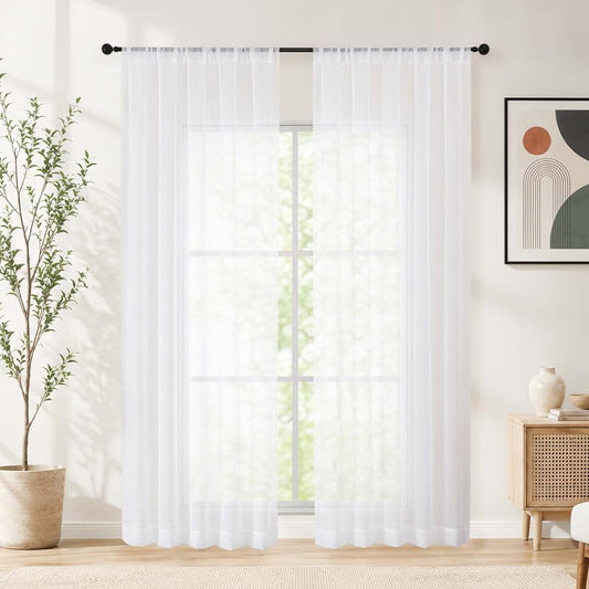 Simplebrand Sheer White Curtains 84 Inches Long 2 Panels for Bedroom, 52" W