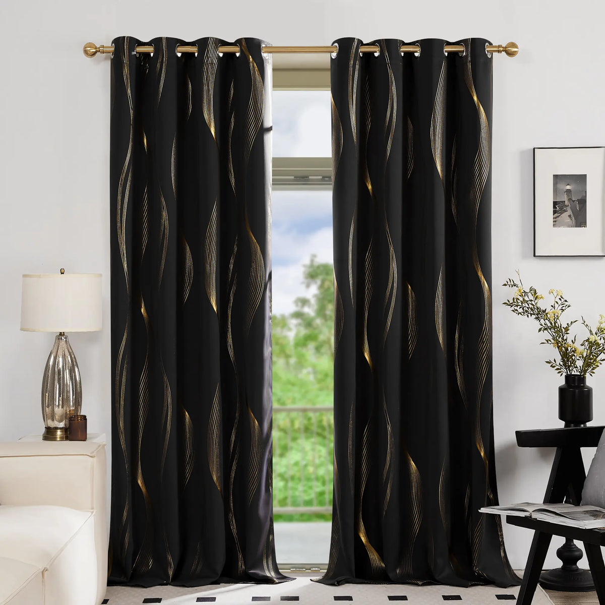 Deconovo 3m Blackout Double Curtains - 2 Panels High-Quality Poly Golden Wave Stripe Print Modern Drapes, Thermal Insulated, Soundproof Grommet Drapery, UV Glare Shield, Hand-Wash Only Privacy Blackout Shade for Living Room Decor,sohochic