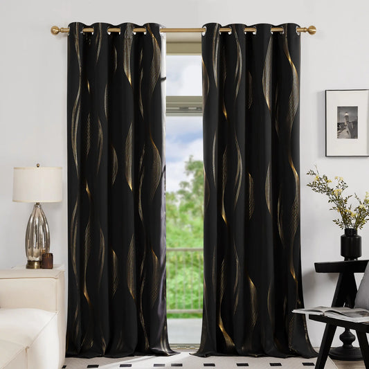 Deconovo 3m Blackout Double Curtains - 2 Panels High-Quality Poly Golden Wave Stripe Print Modern Drapes, Thermal Insulated, Soundproof Grommet Drapery, UV Glare Shield, Hand-Wash Only Privacy Blackout Shade for Living Room Decor,sohochic