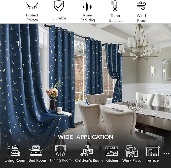Deconovo 2-Panel Blackout Curtain for Windows - Modern Constellation Style, Gold Star Foil All-Over Print, Thermal Lined, Soundproof Curtains, Silky Smooth Drape, Durable, Machine Washable for Living Room, School Playroom