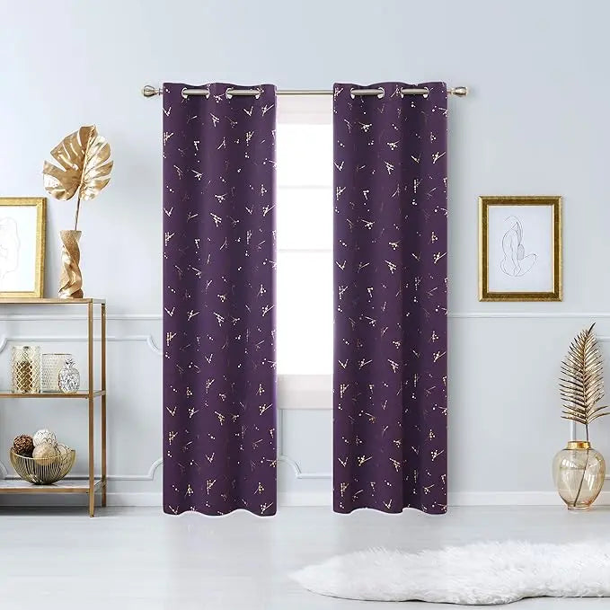 Deconovo 2-Panel Blackout Curtain for Windows - Modern Constellation Style, Gold Star Foil All-Over Print, Thermal Lined, Soundproof Curtains, Silky Smooth Drape, Durable, Machine Washable for Living Room, School Playroom
