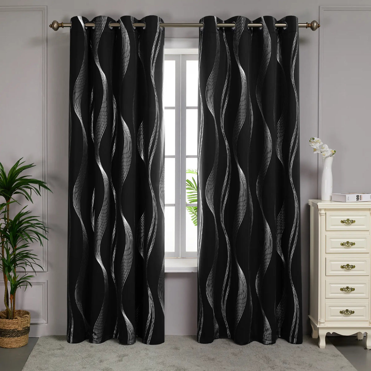 Deconovo 3m Blackout Double Curtains - 2 Panels High-Quality Poly Golden Wave Stripe Print Modern Drapes, Thermal Insulated, Soundproof Grommet Drapery, UV Glare Shield, Hand-Wash Only Privacy Blackout Shade for Living Room Decor,sohochic