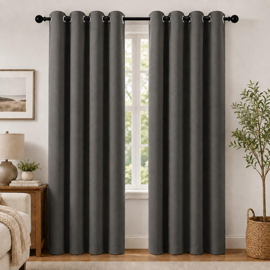 2-Panel Charcoal Grey Blackout Curtains 84" Length for Bedroom