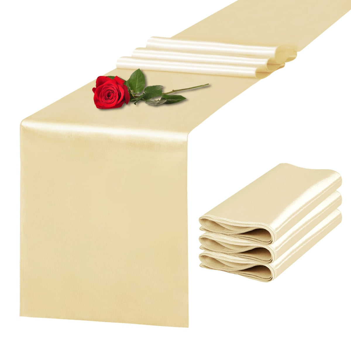 10 Pack Satin Table Runner 12 x 108 Inch Long Light Gold Silk Table Runner for Wedding Party Banquet Birthday Decoration
