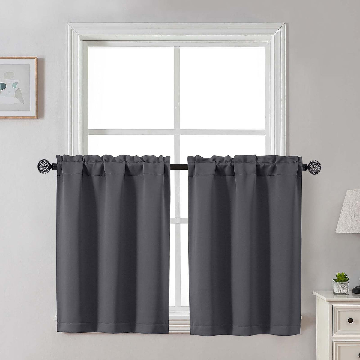 Gwine 24 Inch Long Tier Curtains for Small Window, Short Blackout Kitchen Curtains Over Sink, Half Window Drapes for Bedroom Bathroom Basement, 2 PCS, Each 30" Wx24 L, Black