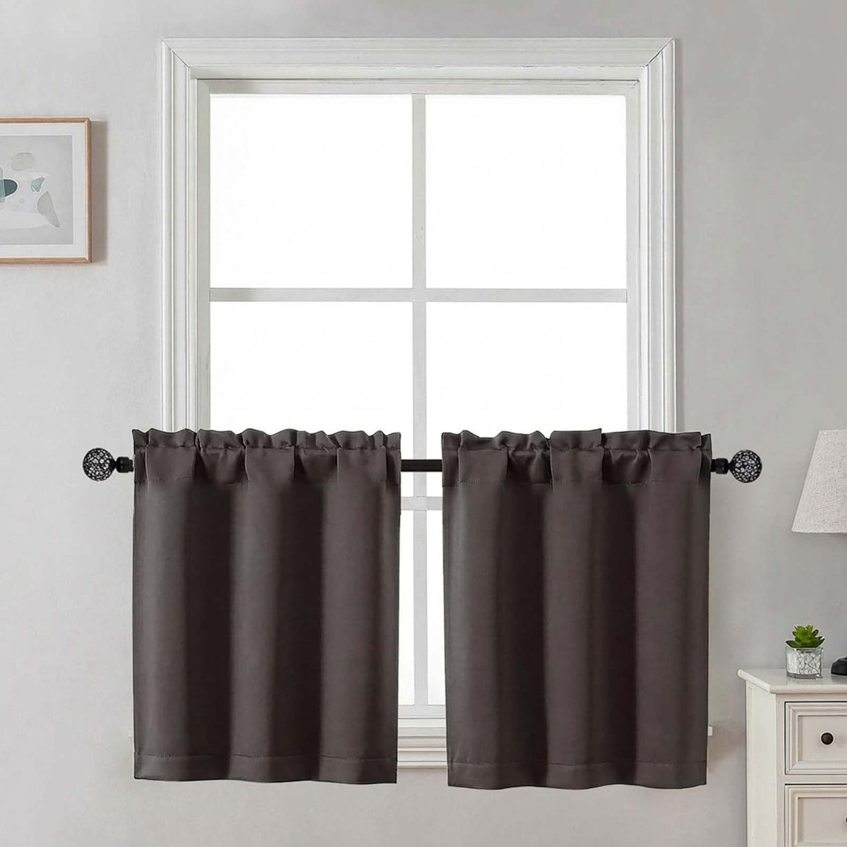 Gwine 24 Inch Long Tier Curtains for Small Window, Short Blackout Kitchen Curtains Over Sink, Half Window Drapes for Bedroom Bathroom Basement, 2 PCS, Each 30" Wx24 L, Black
