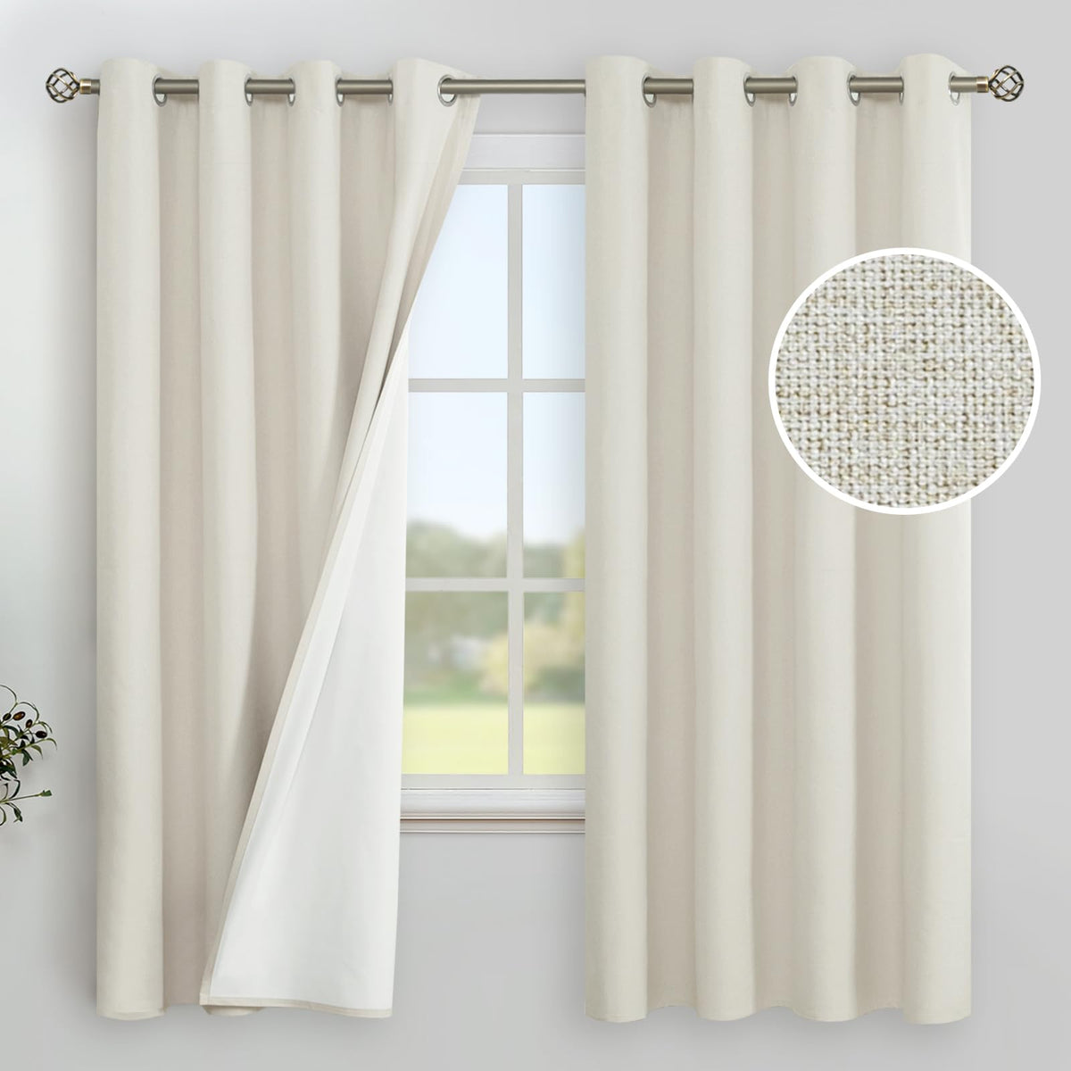 YoungsTex White Linen Blackout Curtains 63 Inch Length for Bedroom 2 Panels