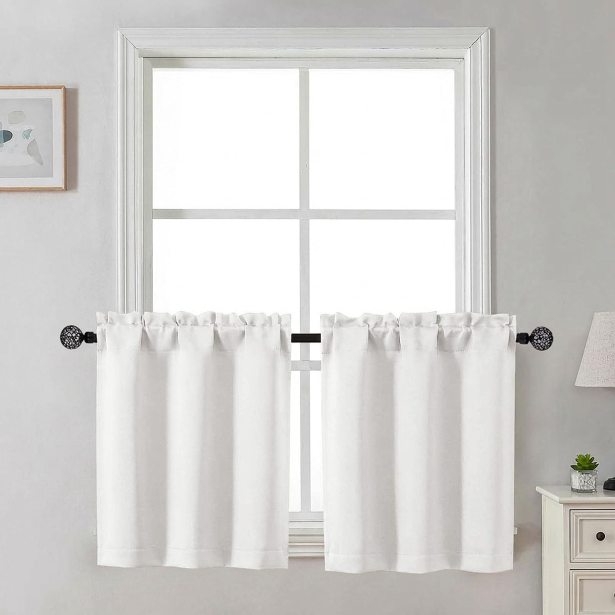 Gwine 24 Inch Long Tier Curtains for Small Window, Short Blackout Kitchen Curtains Over Sink, Half Window Drapes for Bedroom Bathroom Basement, 2 PCS, Each 30" Wx24 L, Black