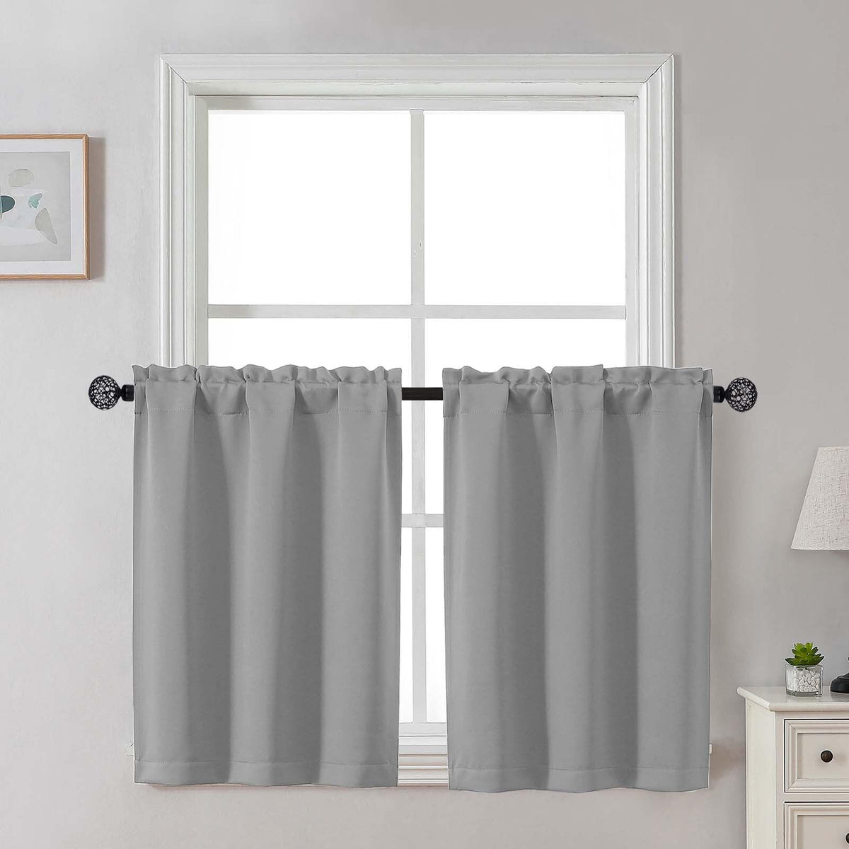 Gwine 24 Inch Long Tier Curtains for Small Window, Short Blackout Kitchen Curtains Over Sink, Half Window Drapes for Bedroom Bathroom Basement, 2 PCS, Each 30" Wx24 L, Black