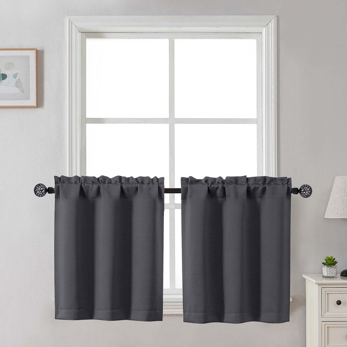 Gwine 24 Inch Long Tier Curtains for Small Window, Short Blackout Kitchen Curtains Over Sink, Half Window Drapes for Bedroom Bathroom Basement, 2 PCS, Each 30" Wx24 L, Black