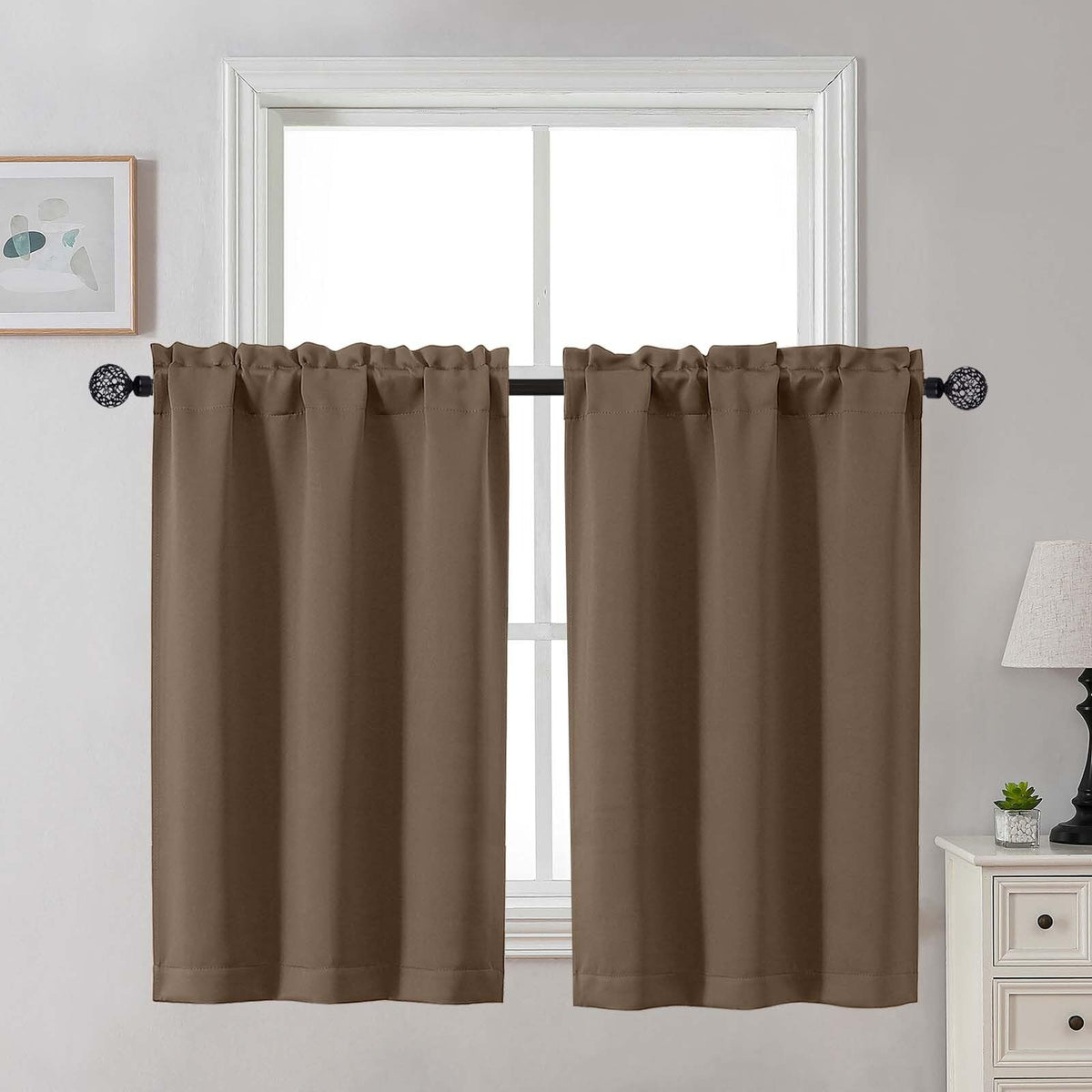 Gwine 24 Inch Long Tier Curtains for Small Window, Short Blackout Kitchen Curtains Over Sink, Half Window Drapes for Bedroom Bathroom Basement, 2 PCS, Each 30" Wx24 L, Black