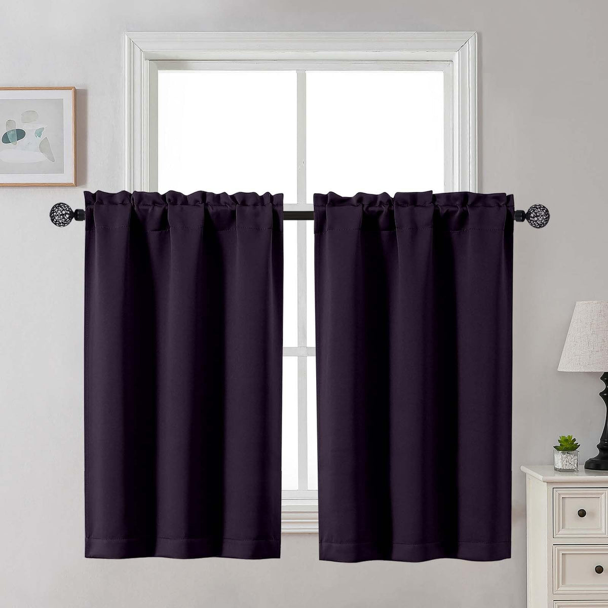 Gwine 24 Inch Long Tier Curtains for Small Window, Short Blackout Kitchen Curtains Over Sink, Half Window Drapes for Bedroom Bathroom Basement, 2 PCS, Each 30" Wx24 L, Black