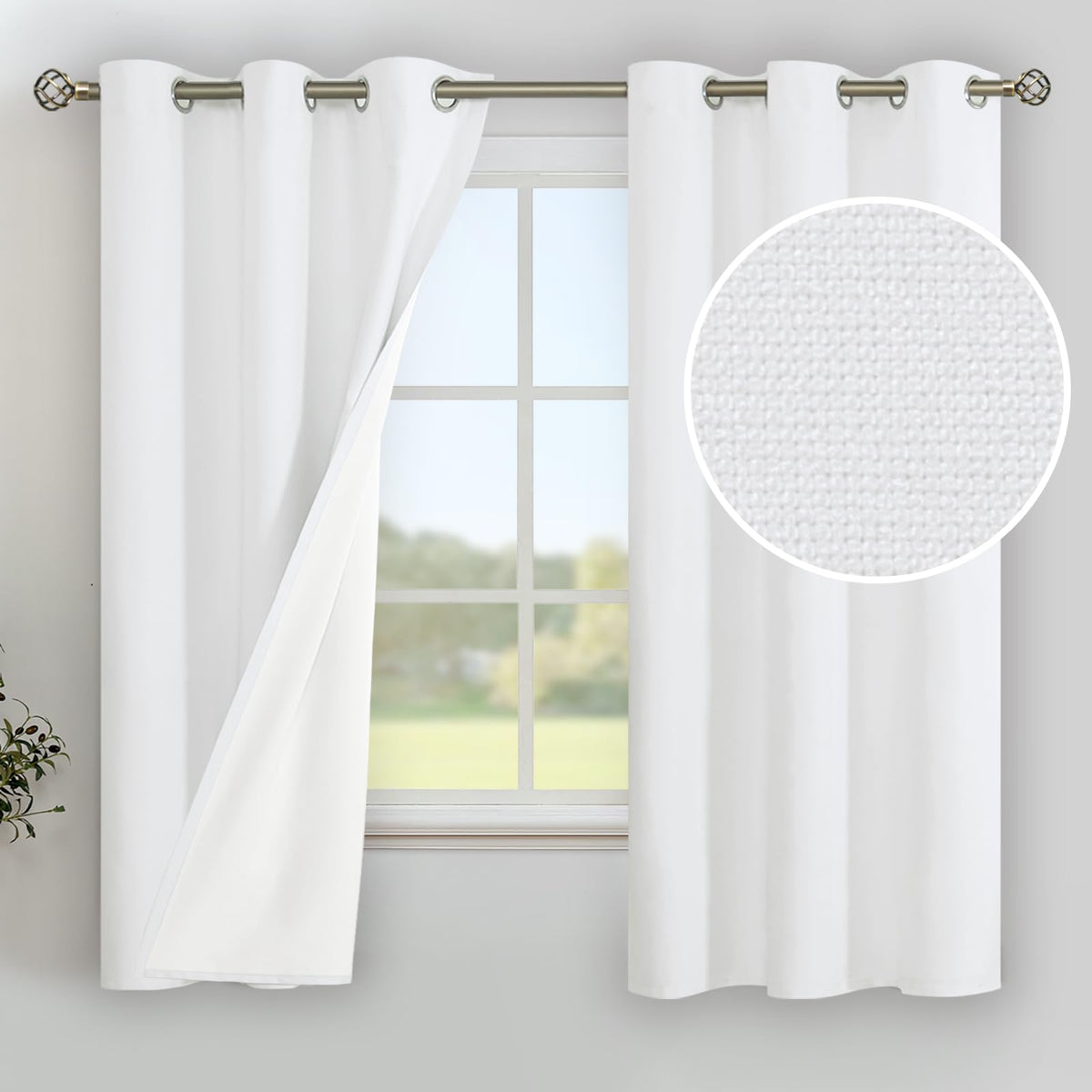 YoungsTex White Linen Blackout Curtains 63 Inch Length for Bedroom 2 Panels