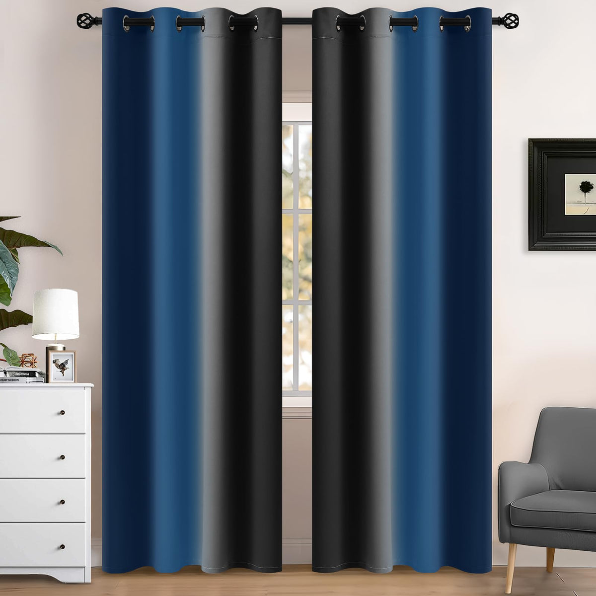 Yakamok Ombre Curtains Blue and Greyish White for Living Room,52Wx84L