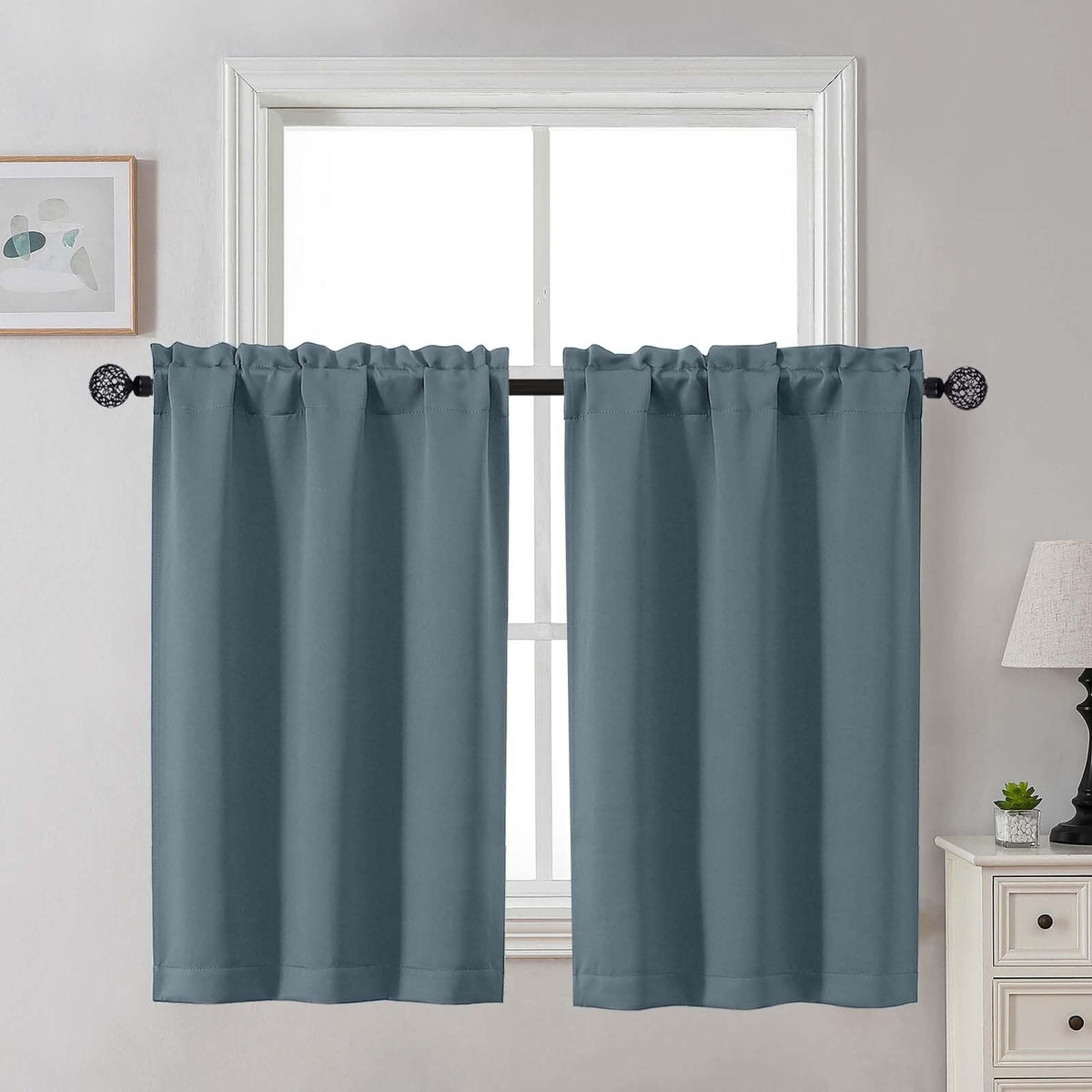 Gwine 24 Inch Long Tier Curtains for Small Window, Short Blackout Kitchen Curtains Over Sink, Half Window Drapes for Bedroom Bathroom Basement, 2 PCS, Each 30" Wx24 L, Black