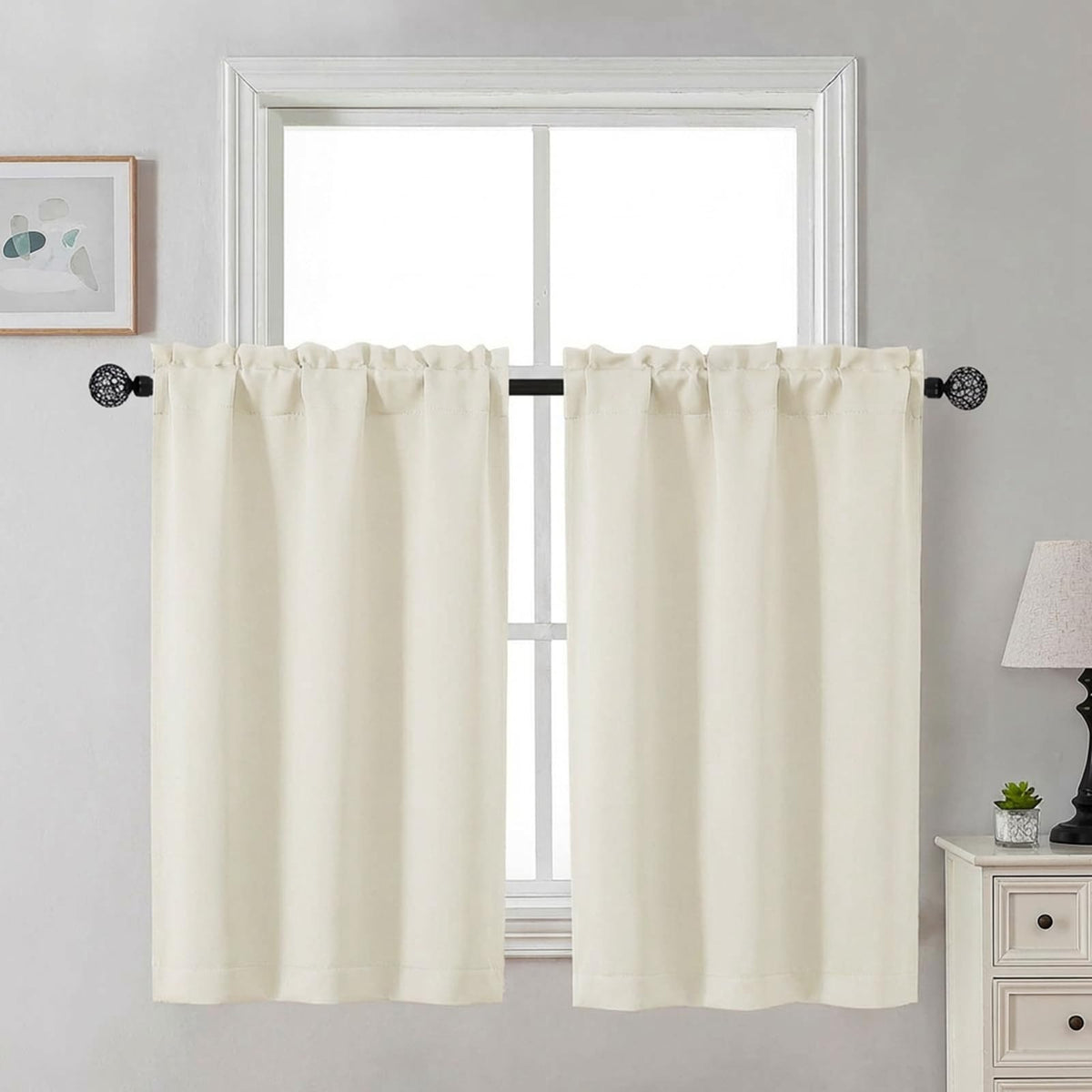 Gwine 24 Inch Long Tier Curtains for Small Window, Short Blackout Kitchen Curtains Over Sink, Half Window Drapes for Bedroom Bathroom Basement, 2 PCS, Each 30" Wx24 L, Black
