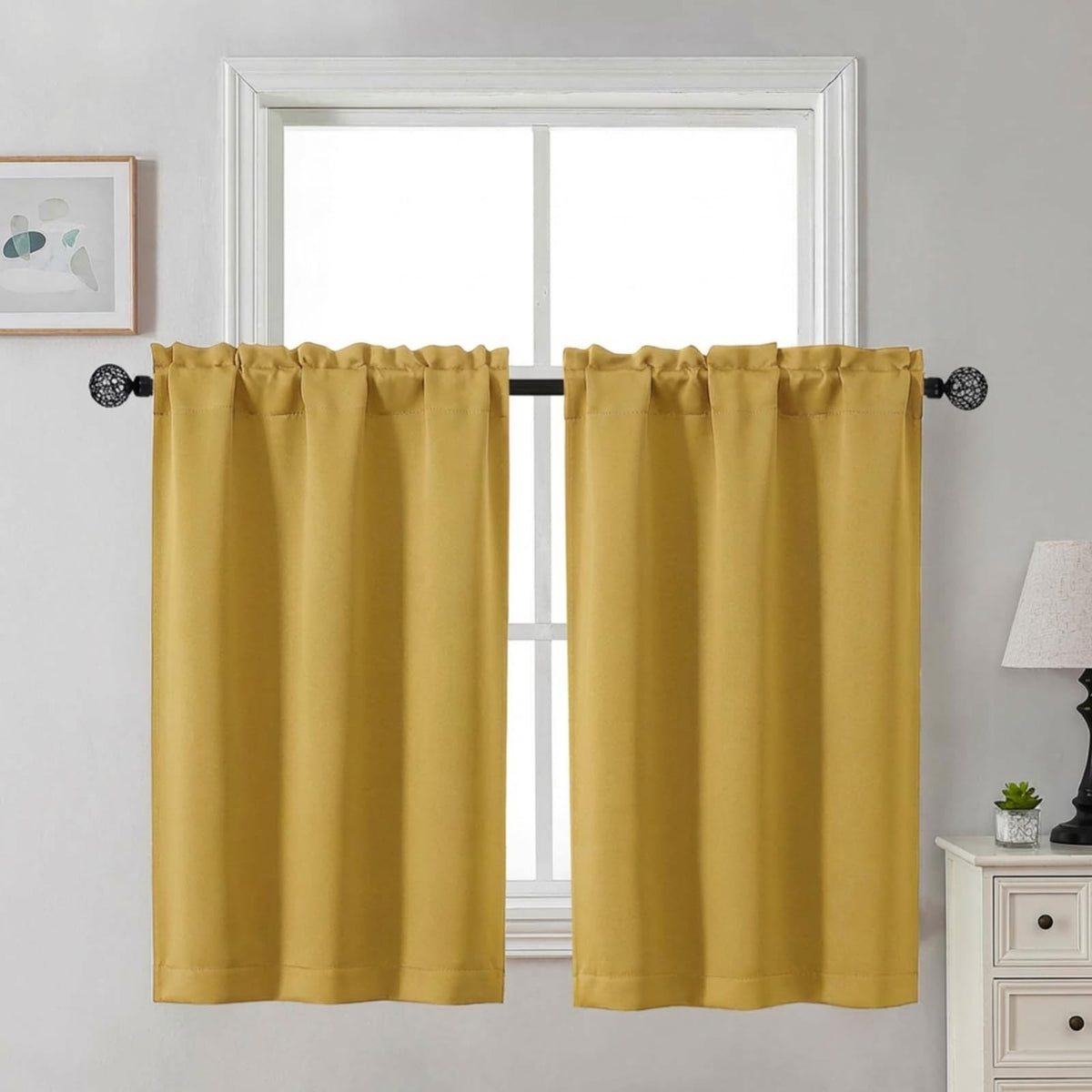 Gwine 24 Inch Long Tier Curtains for Small Window, Short Blackout Kitchen Curtains Over Sink, Half Window Drapes for Bedroom Bathroom Basement, 2 PCS, Each 30" Wx24 L, Black