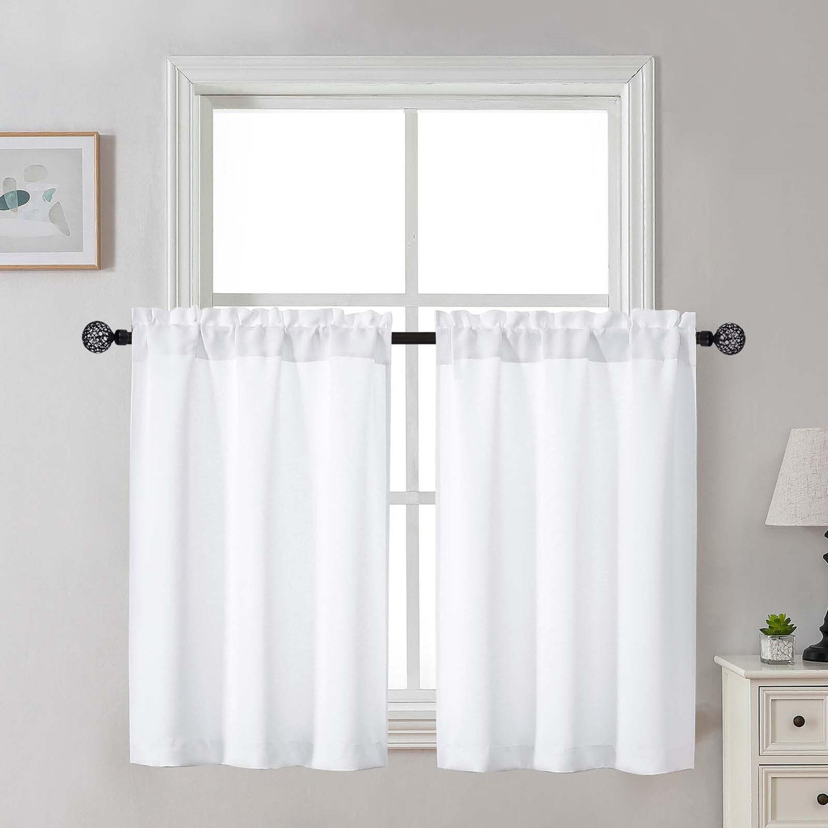 Gwine 24 Inch Long Tier Curtains for Small Window, Short Blackout Kitchen Curtains Over Sink, Half Window Drapes for Bedroom Bathroom Basement, 2 PCS, Each 30" Wx24 L, Black