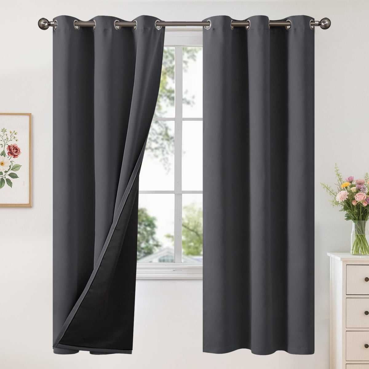 YoungsTex White Linen Blackout Curtains 63 Inch Length for Bedroom 2 Panels