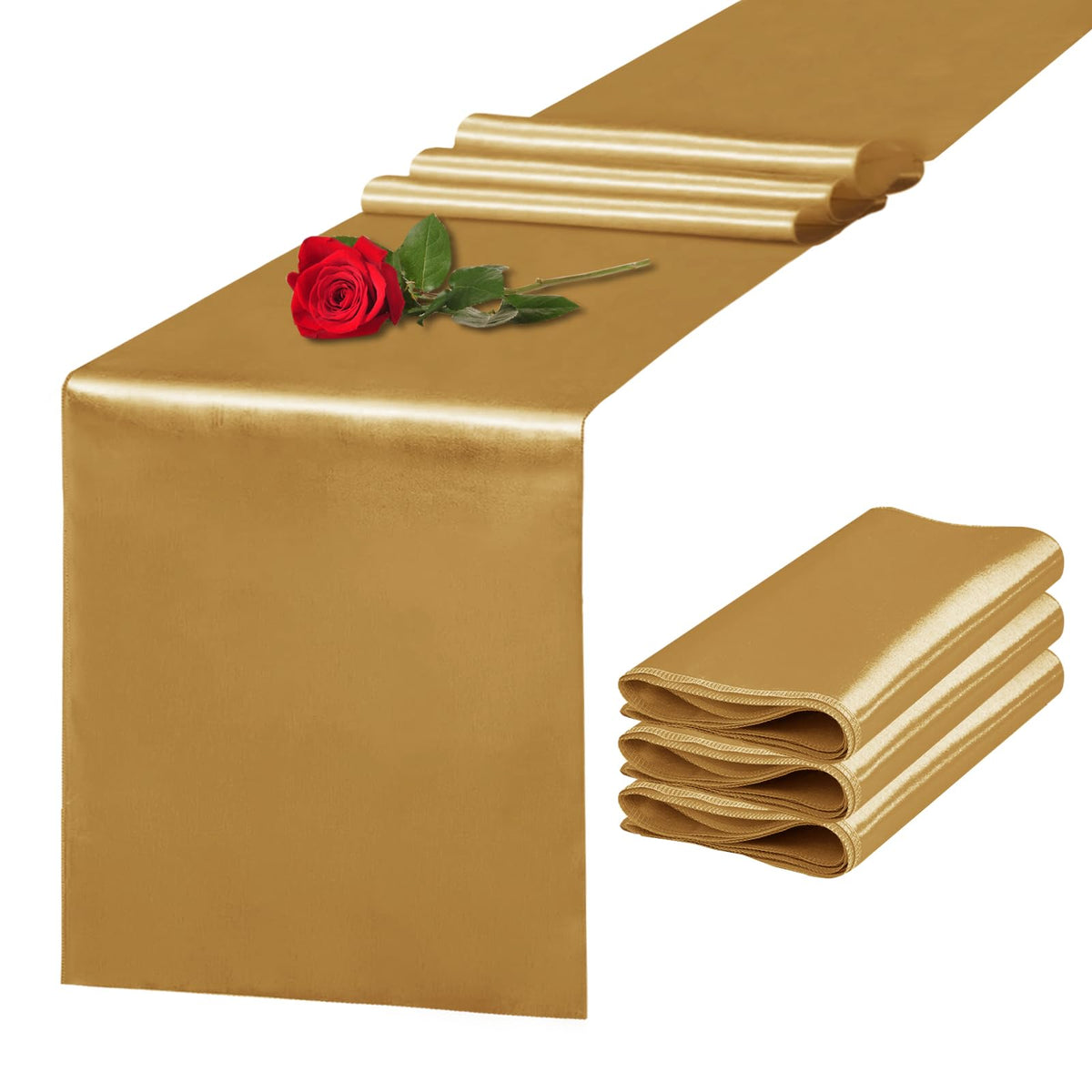 10 Pack Satin Table Runner 12 x 108 Inch Long Light Gold Silk Table Runner for Wedding Party Banquet Birthday Decoration