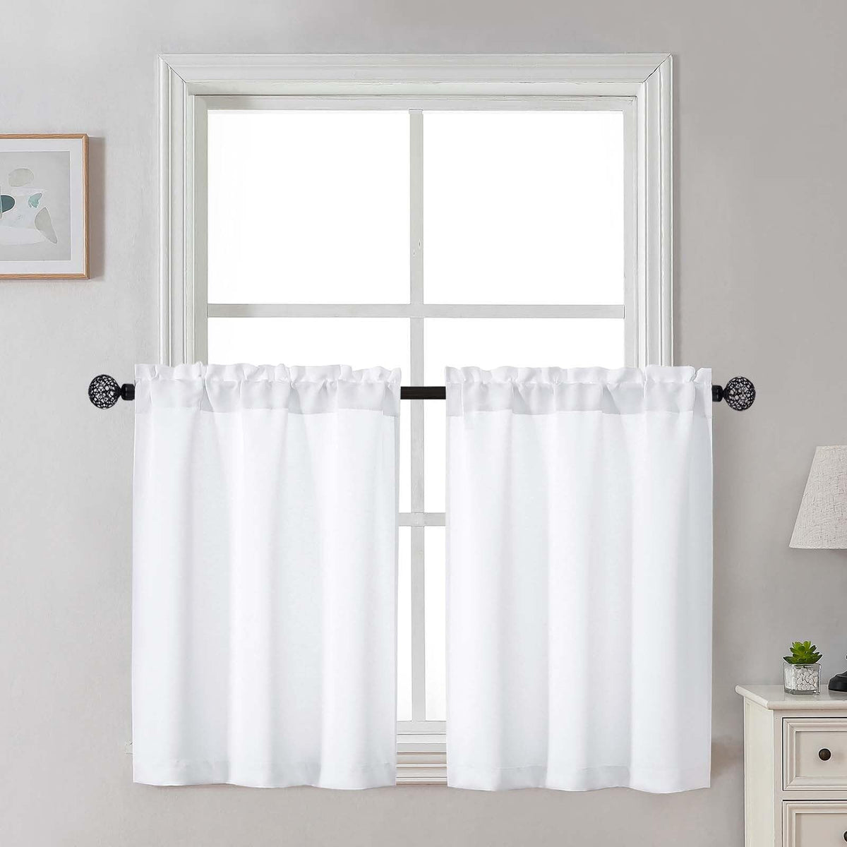 Gwine 24 Inch Long Tier Curtains for Small Window, Short Blackout Kitchen Curtains Over Sink, Half Window Drapes for Bedroom Bathroom Basement, 2 PCS, Each 30" Wx24 L, Black