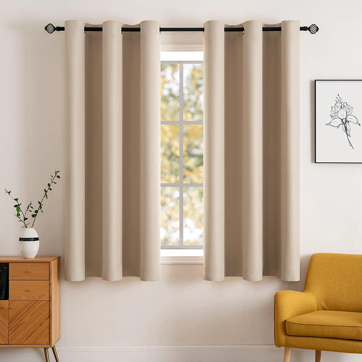 MIULEE Beige Blackout Bedroom Curtains 63 Inch Long Light Blocking